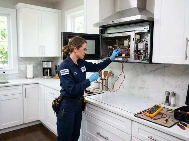 Appliance Repair Hero technician testing an over-the-range microwave in a Alpine, UT kitchen